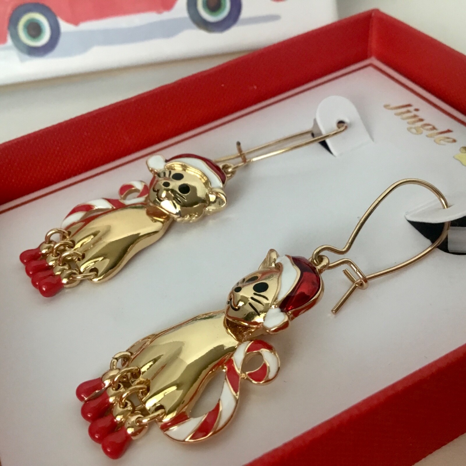 Jingle & Joy Christmas Kitty Cat With Santa Hat & Striped Tail Dangle Earrings