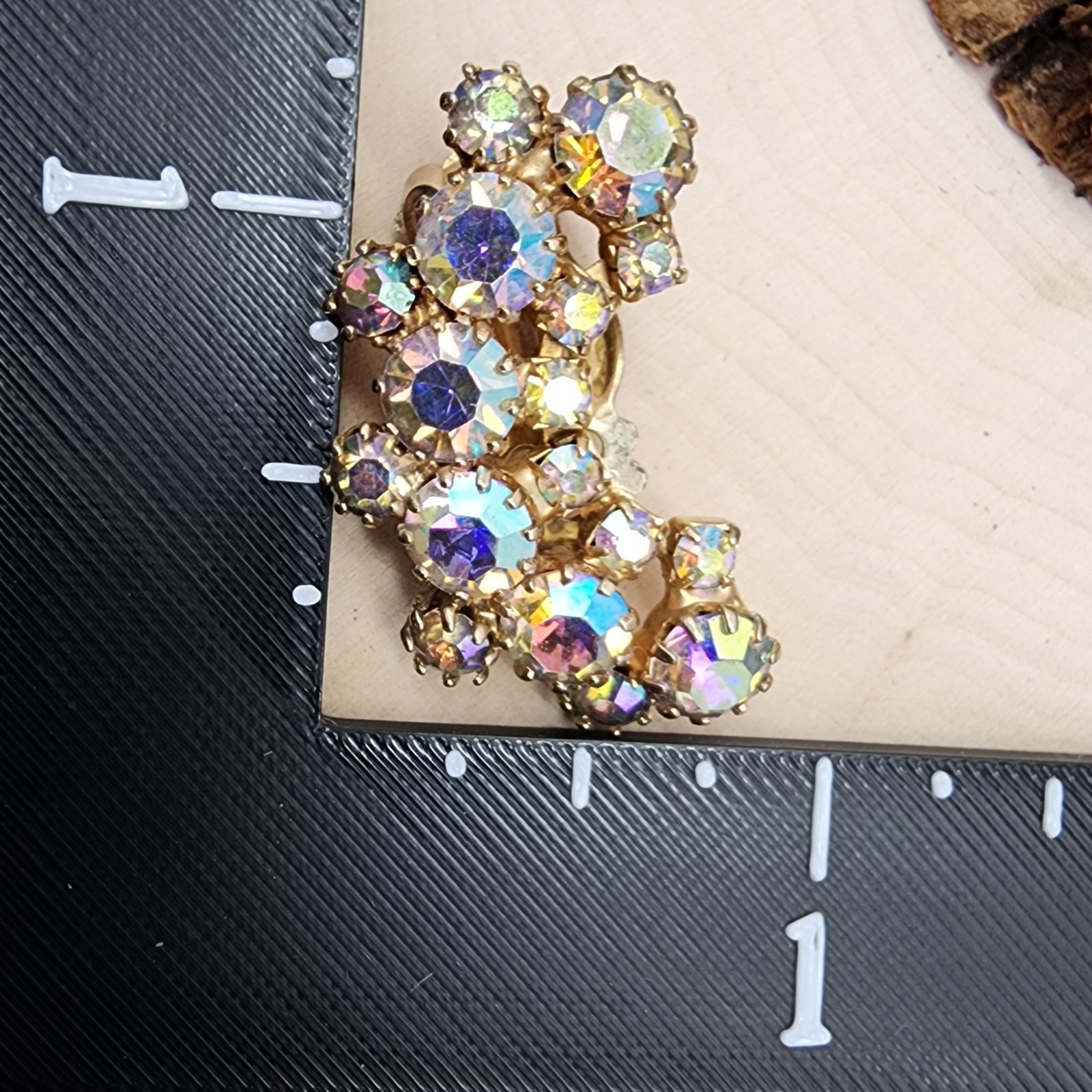 Weiss Aurora Borealis Rhinestone Iridescent 1.25″ Crescent Clip Earrings VTG