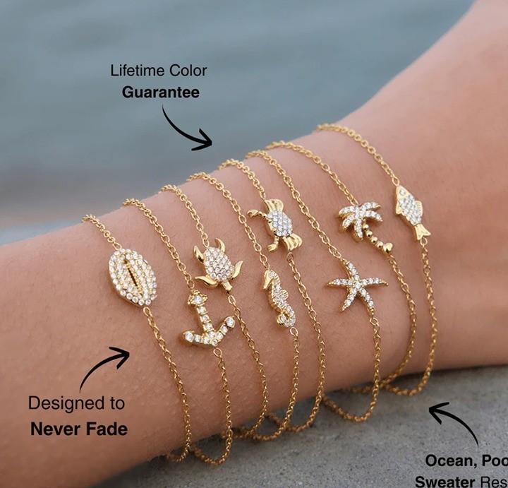Ocean Charm Bracelet Anchor Fish Anchor Palm Tree Gold Waterproof Gold Bracelet