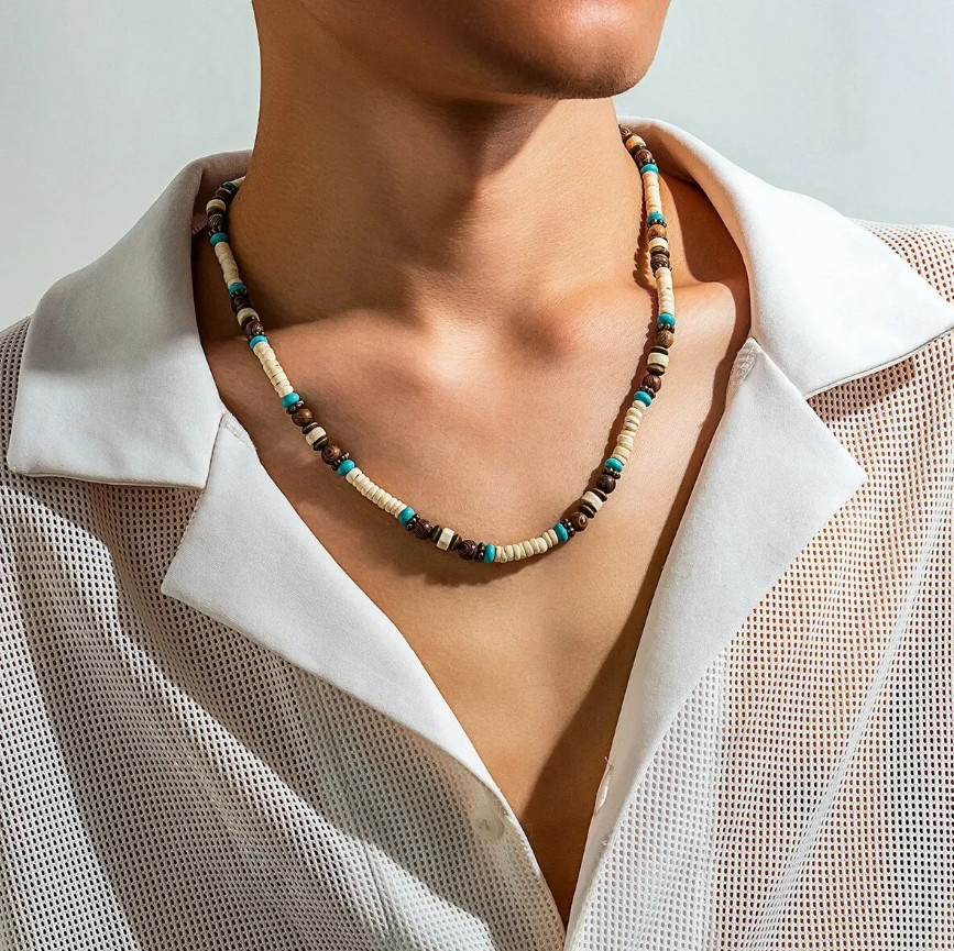 1pcs Men’s Wooden Bead Surfer Necklace – Handmade Tribal Summer Jewelry -NEW