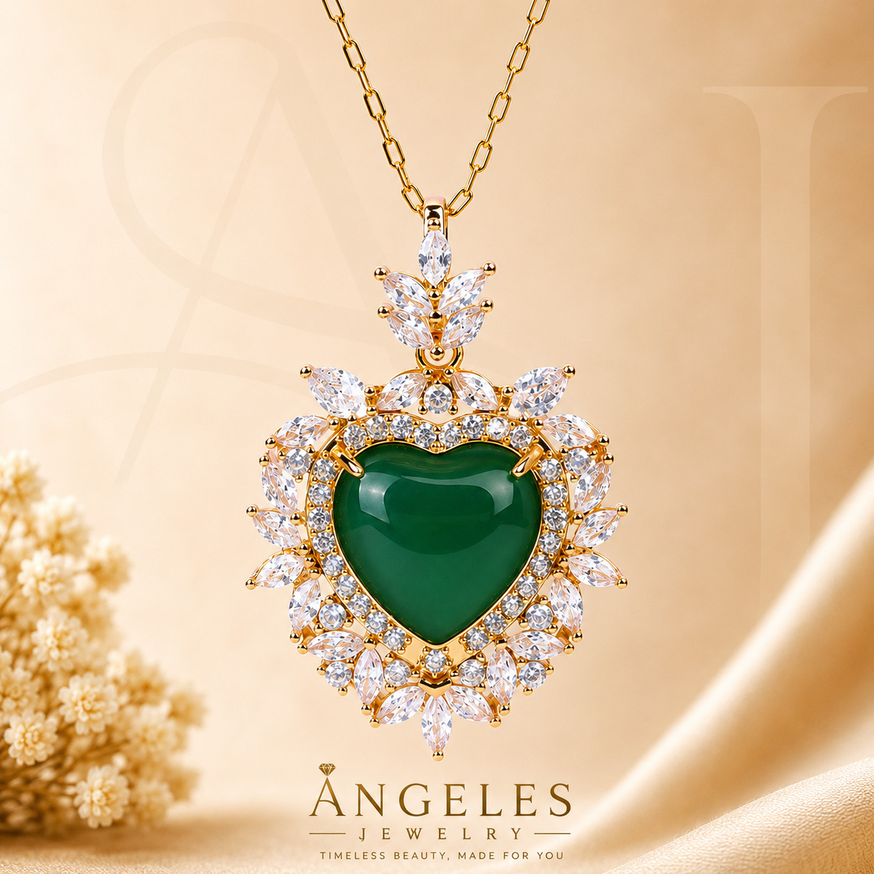 Green Jade Crystal Heart Pendant Necklace Charm 18K Gold Plated Chain Gemstone
