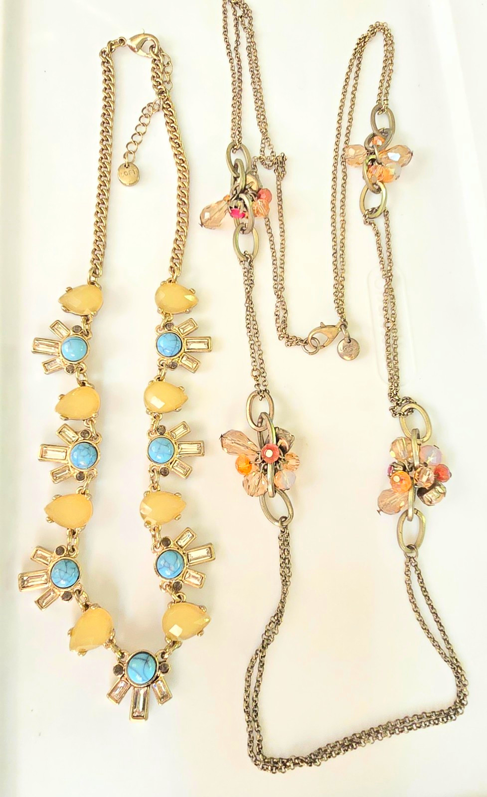 2 LOFT Signed Gold Tone Necklaces 34in Yellow Flower Cluster 18in Blue/yellow