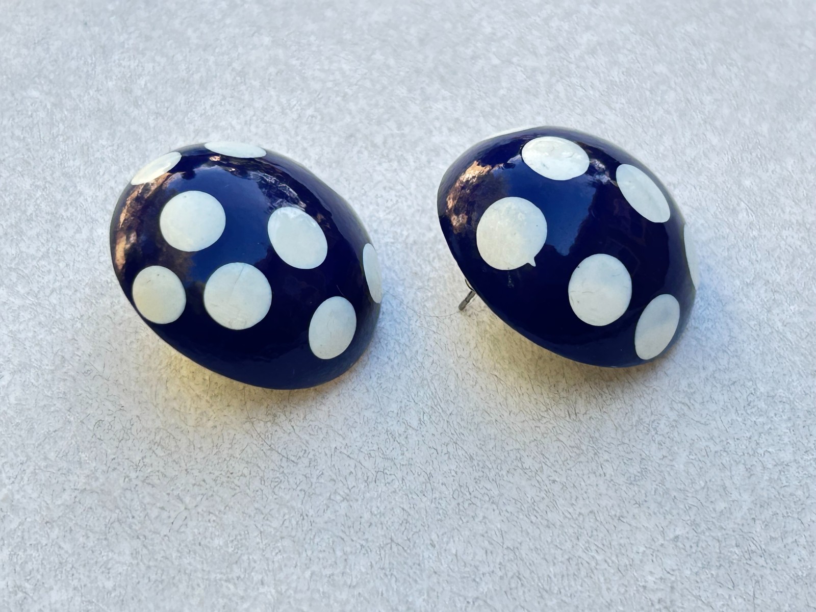 Vintage Style Navy Blue & White Polka Dot Domed Button Stud Earrings Retro Chic