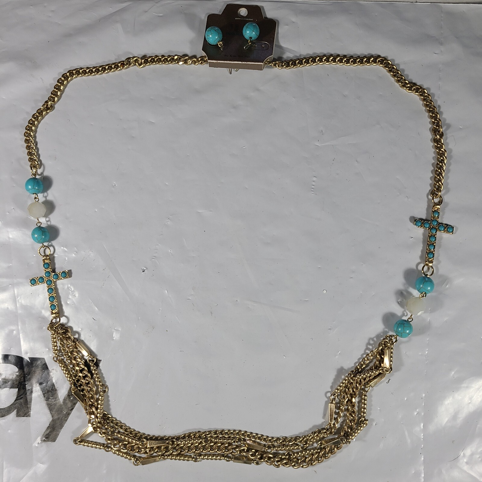 Mia Inspirations Kim Min Sun Turquoise 2 Crosses Pendant Necklace & Earring Set