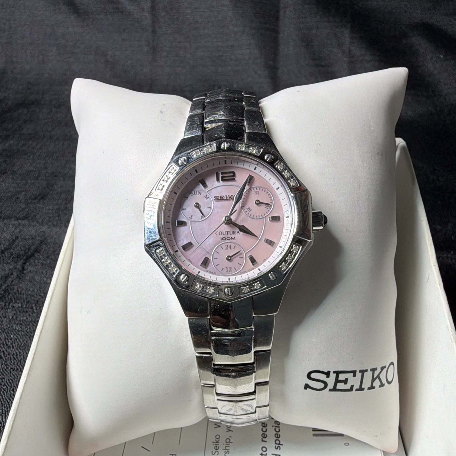 Seiko Coutura Women’s Pink Mother of Pearl Diamond Bezel 100M Quartz Watch
