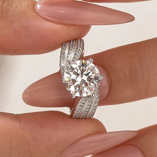 3.50 CTW Round Cut Moissanite Engagement Ring with Twisted Pave Band 925 Silver