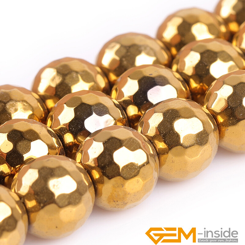 Gold Hematite Metallic Coated Reflections Faceted Round Beads Jewelry Making 15″