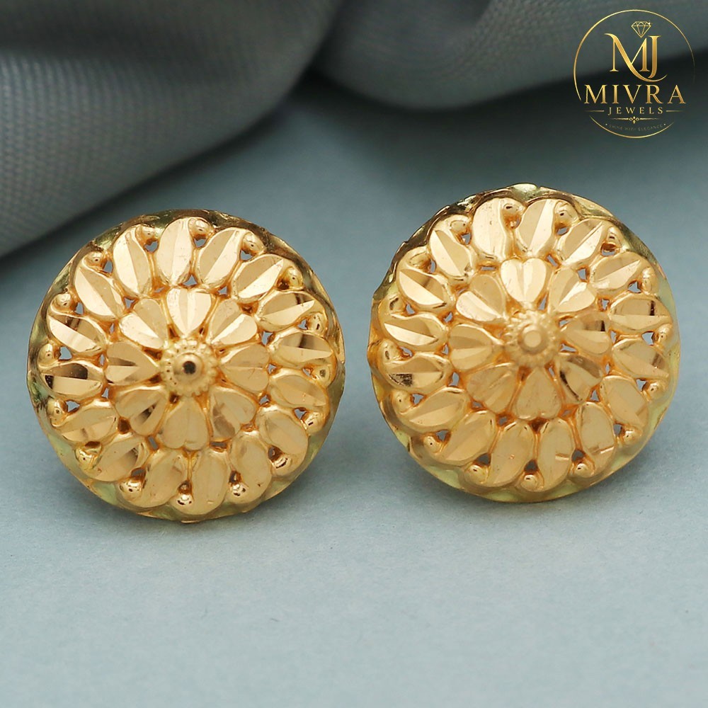 22K Print Amazing Gold Stud Earrings 1.5cm Vintage Fine Jewelry 3.13g Gift