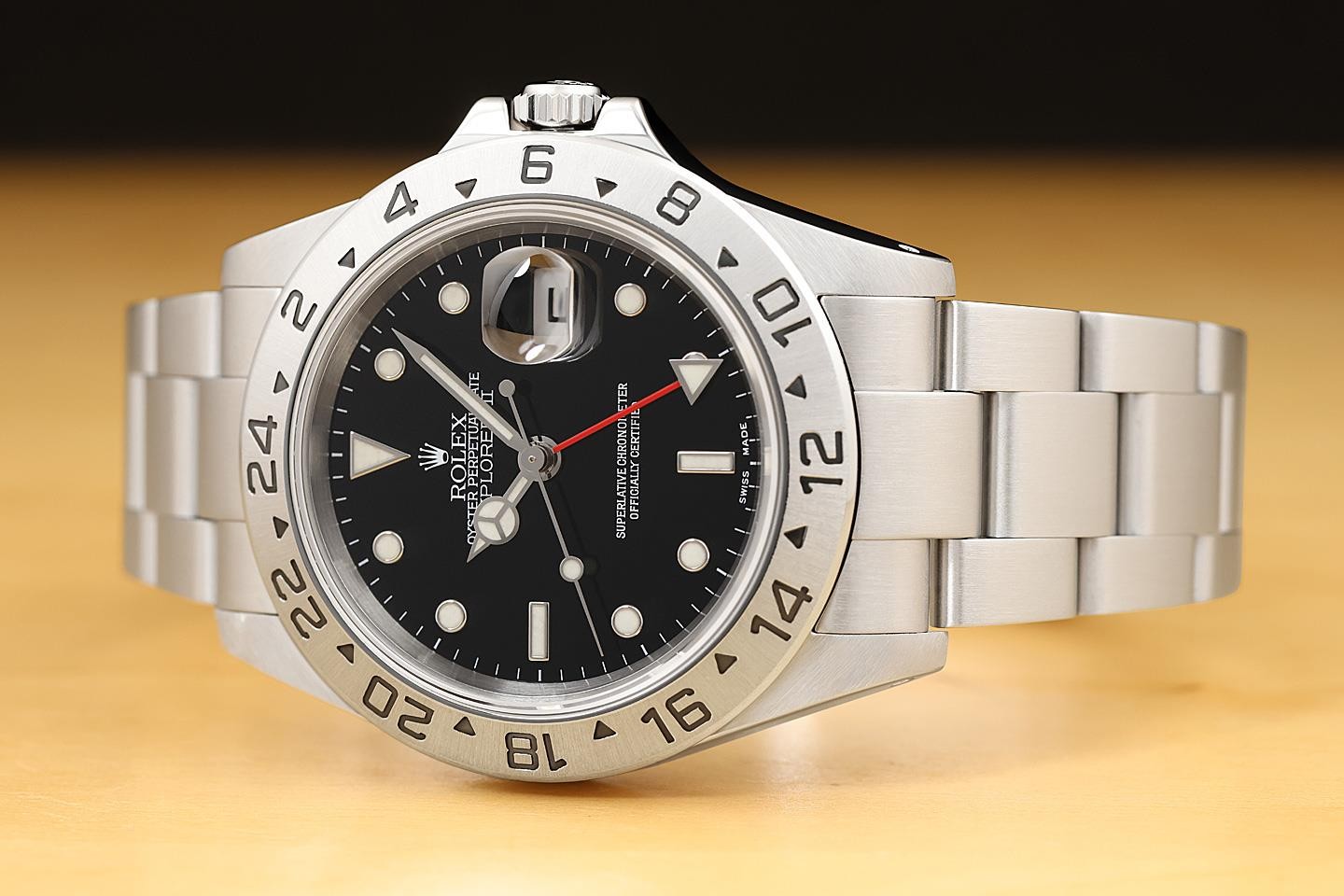 2002 ROLEX MENS EXPLORER II 16570 BLACK DIAL STEEL GMT OYSTER WATCH