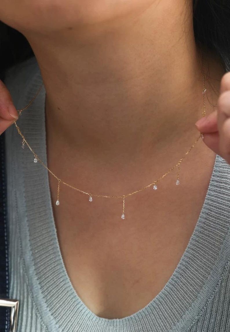 In 14k Yellow Gold Pear Natural Diamond GH/SI Station 16inch Necklace For Gift