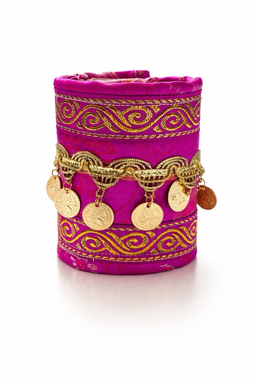 Artisan Fuchsia and Gold Coin Cuff Bracelet Adjustable Wrist Jewelry Art Signed