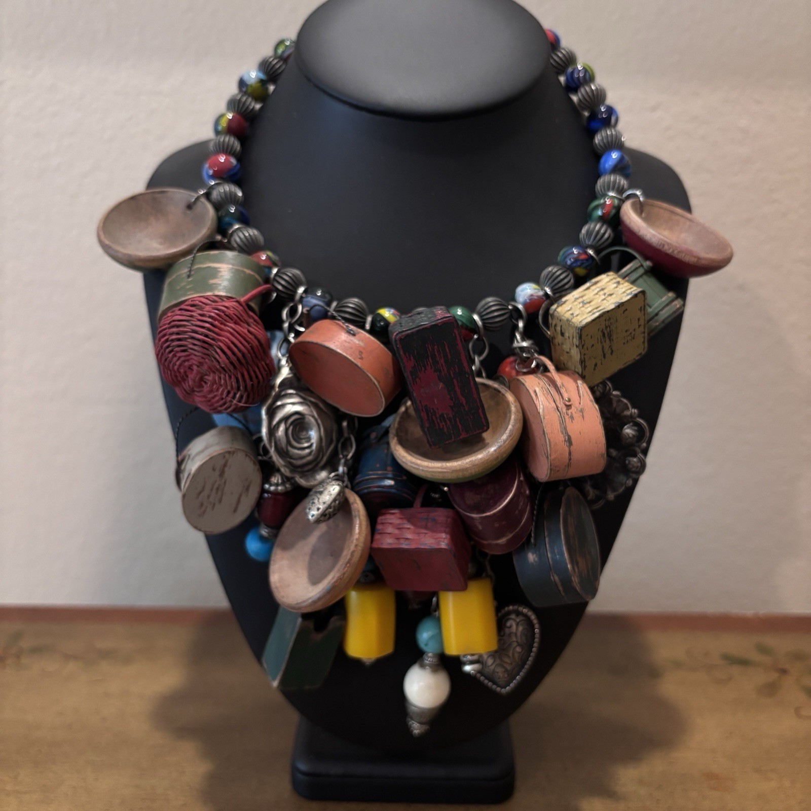 Vintage Mexican Folk Art Charm Necklace Statement Bib Beaded Wood Metal