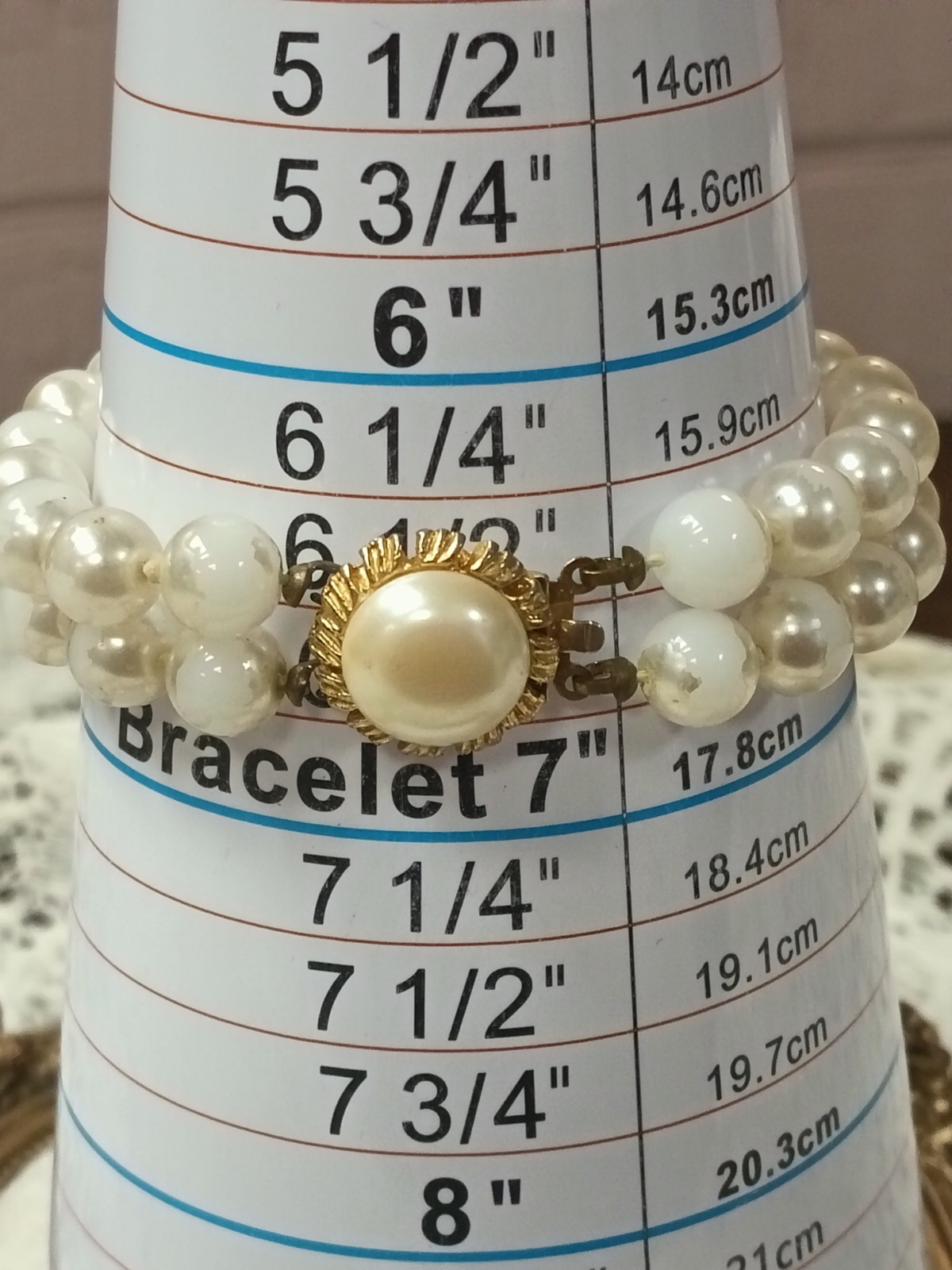vintage Double Strand White Imitation Pearl Beaded Bracelet, 7 in, Box Clasp