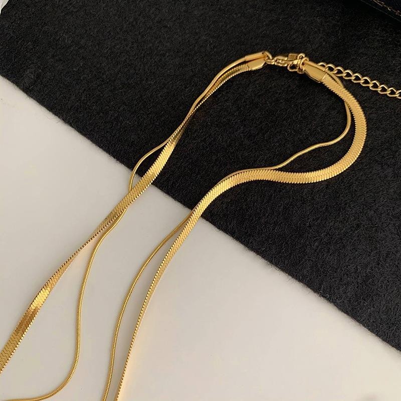 Woman Gold Silver Stainless Steel 2 Layers Snake Herringbone Chain Necklace PE6