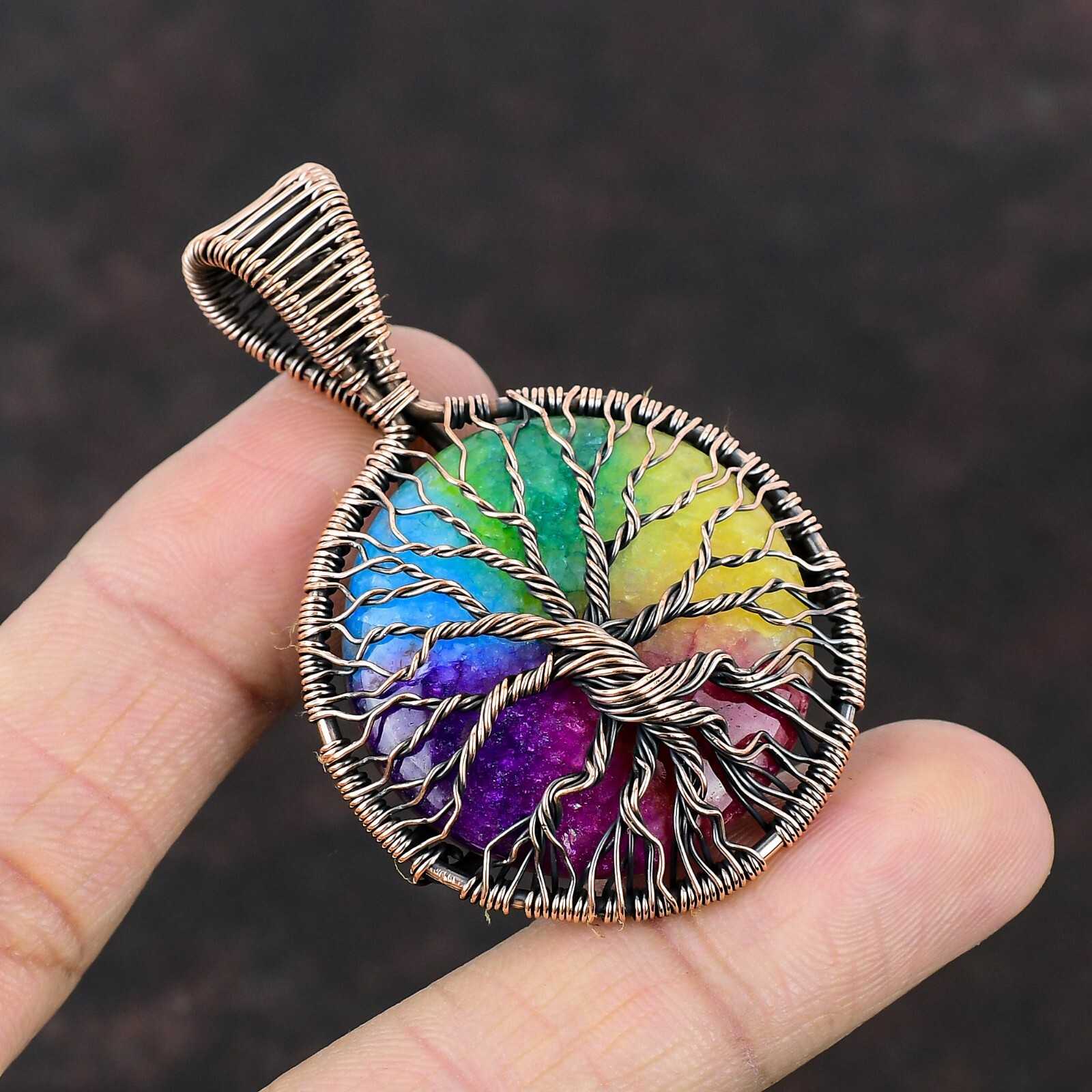 Rainbow Solar Quartz Druzy Copper Bestie Gift Wire Wrapped Tree Of Life 2.36″