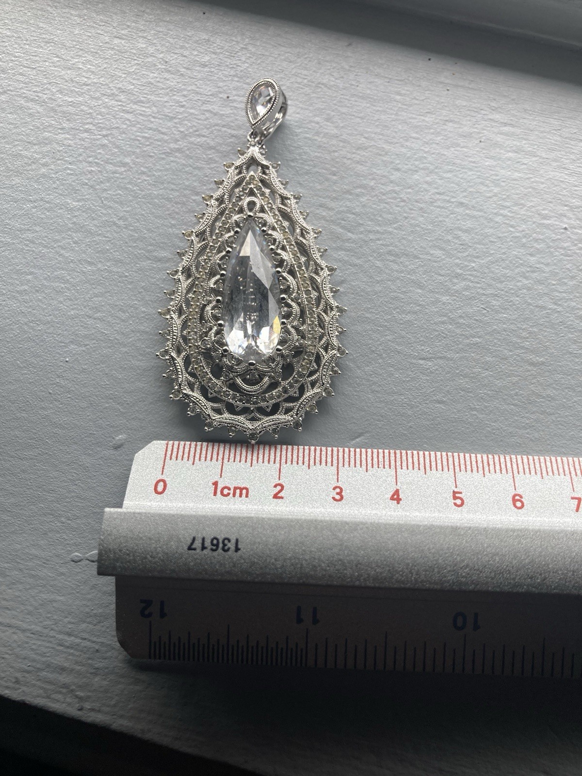 Big, Ornate Wedding Cocktail Party Teardrop Silver Pendant. Gem. Clip Bale.