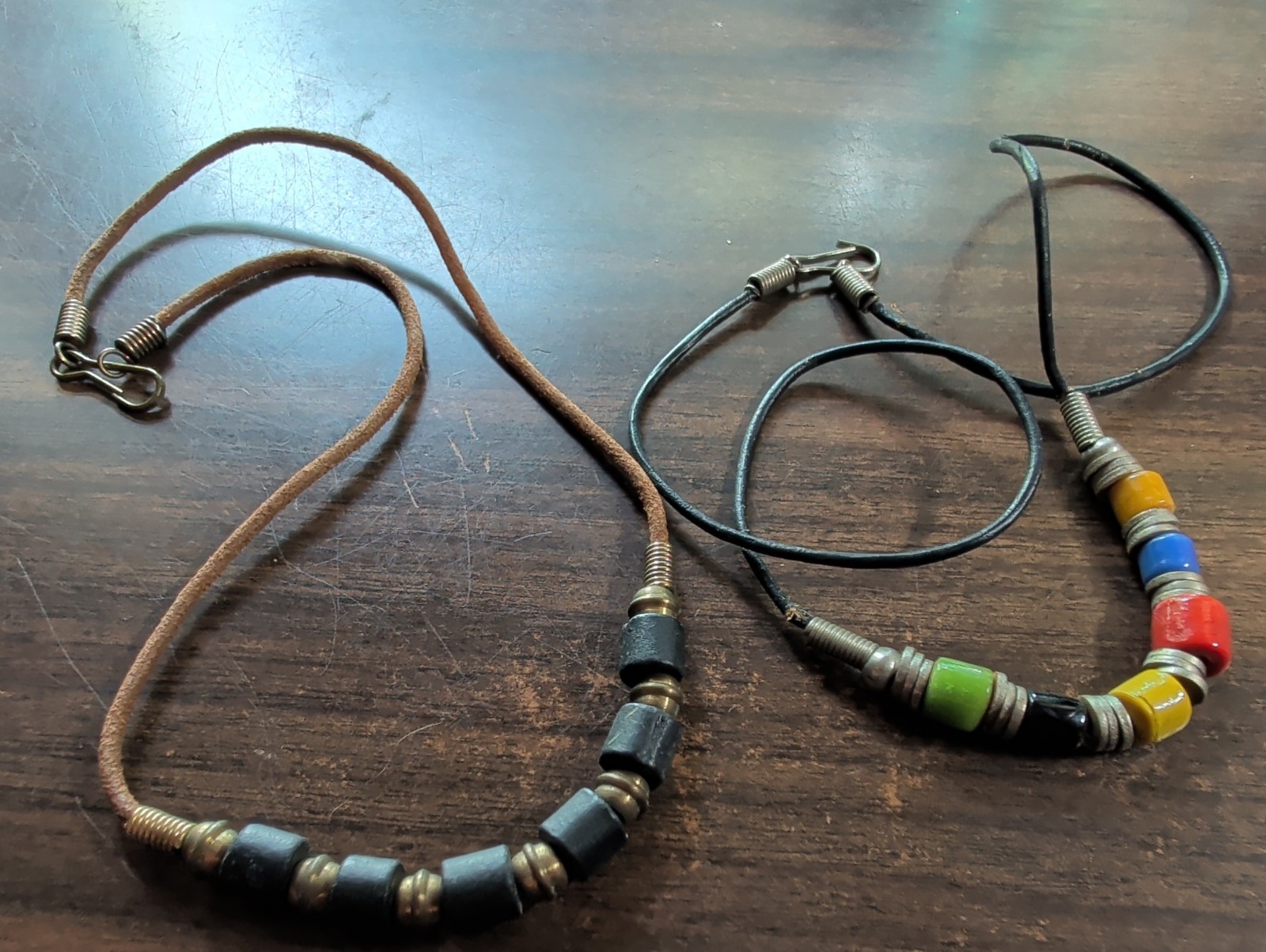 Two Vintage Metal Accent Beaded Necklaces Faux Leather 14 Inch Long Boho Chic