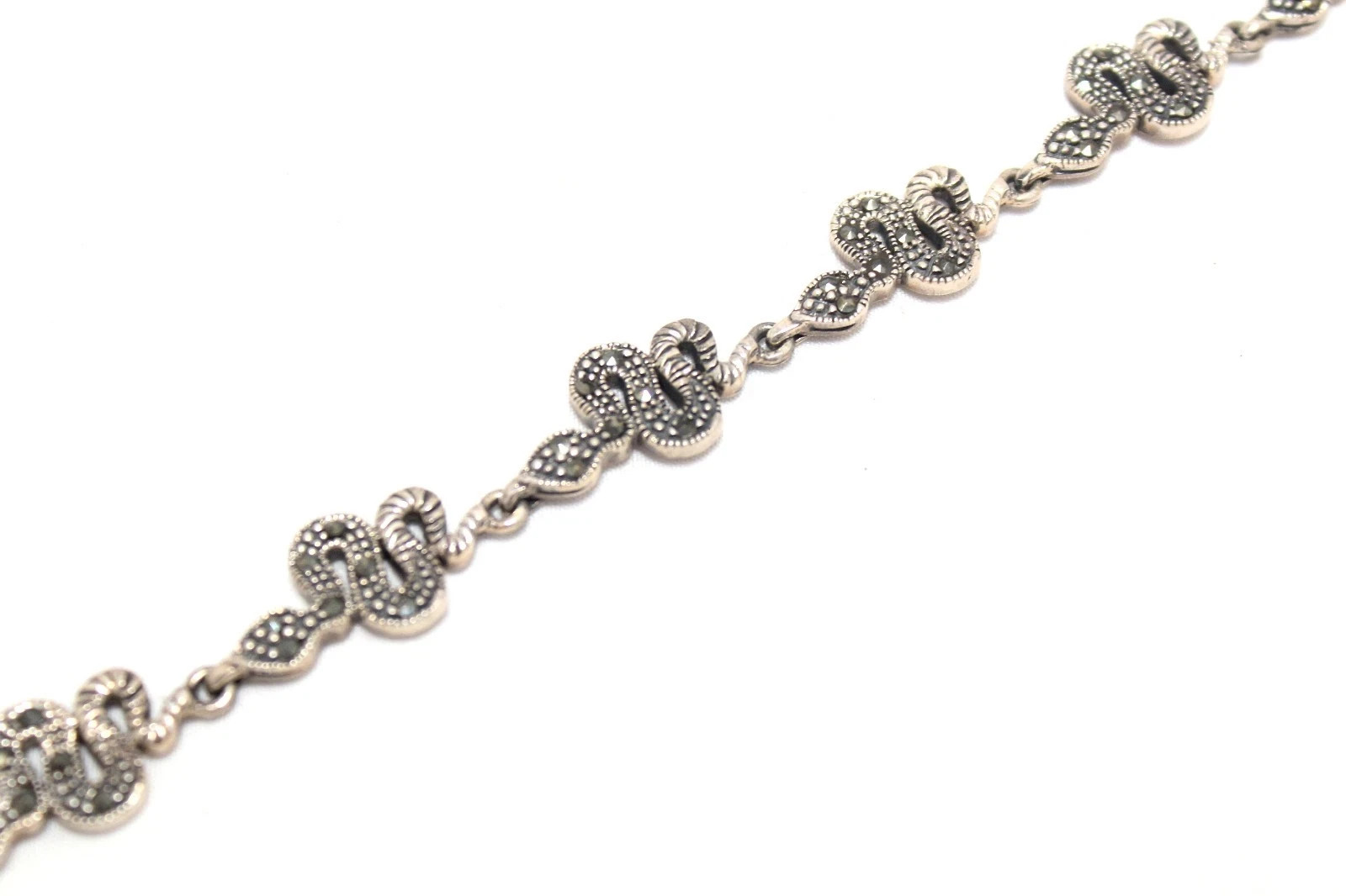 Charm Snake Reptile Bracelet Silver Sterling 925 Marcasite Stone Women Gift