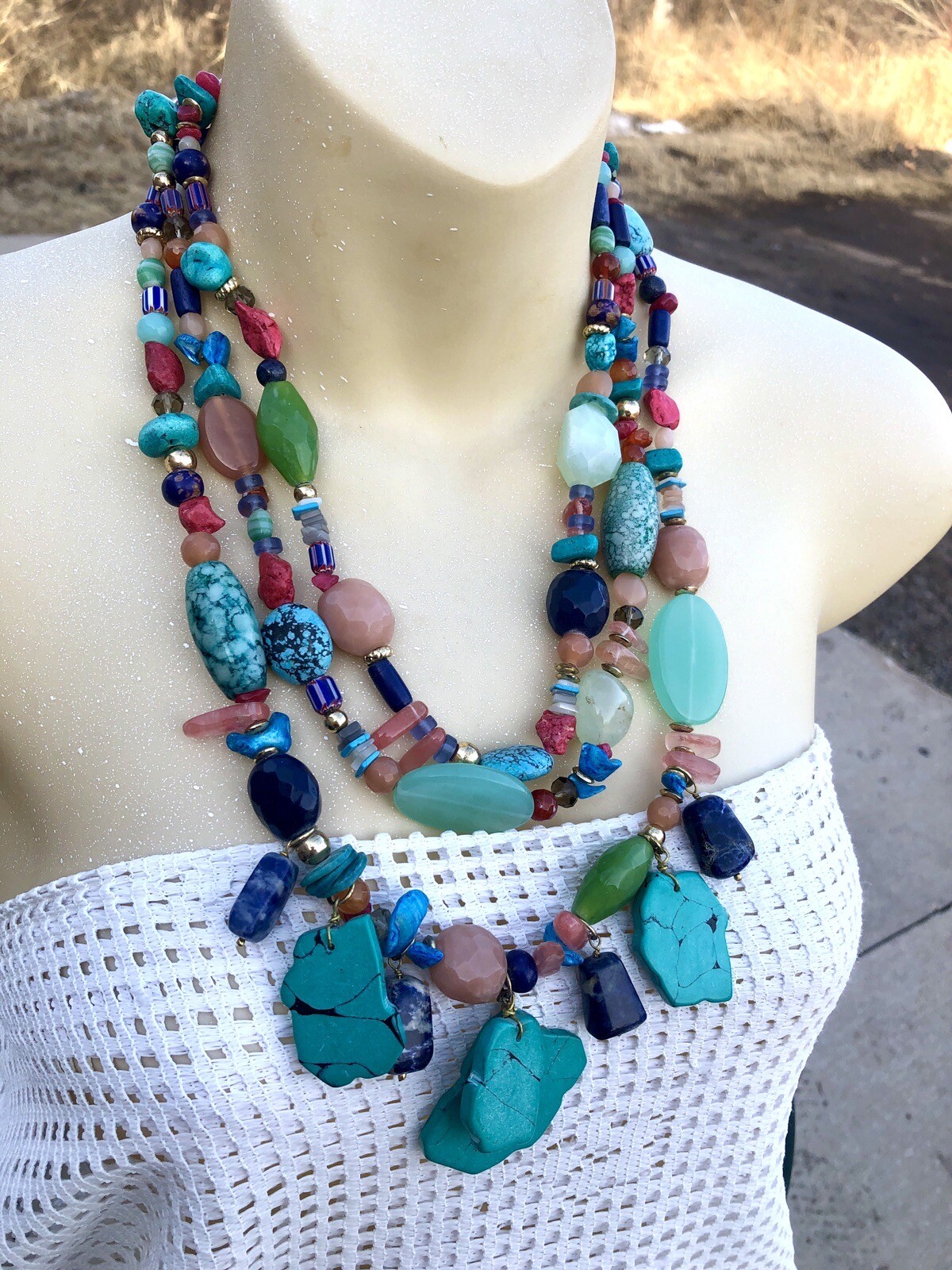 Chico’s Huge Chunky Triple Strand Semi Precious Stone Runway Statement Necklace