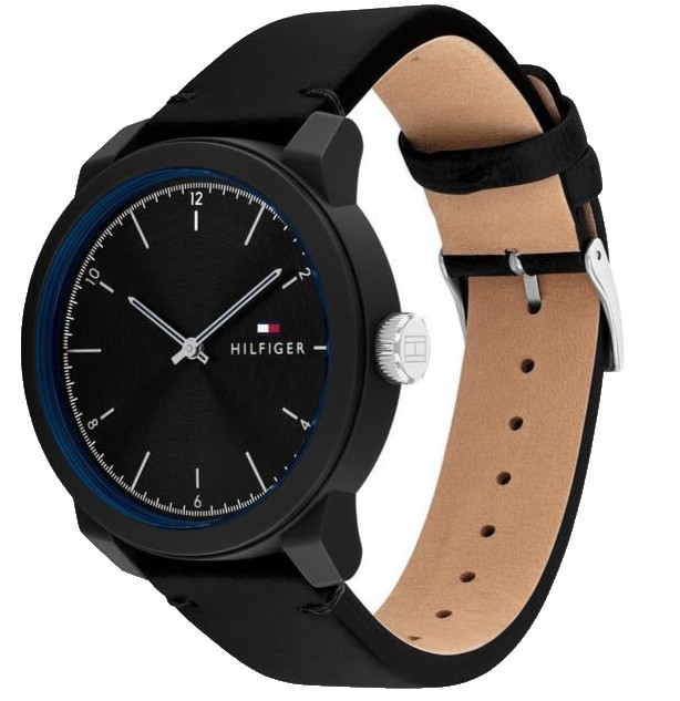 TOMMY HILFIGER TR90 1710542 BLACK DIAL BLACK LEATHER STRAP 42MM MENS WATCH