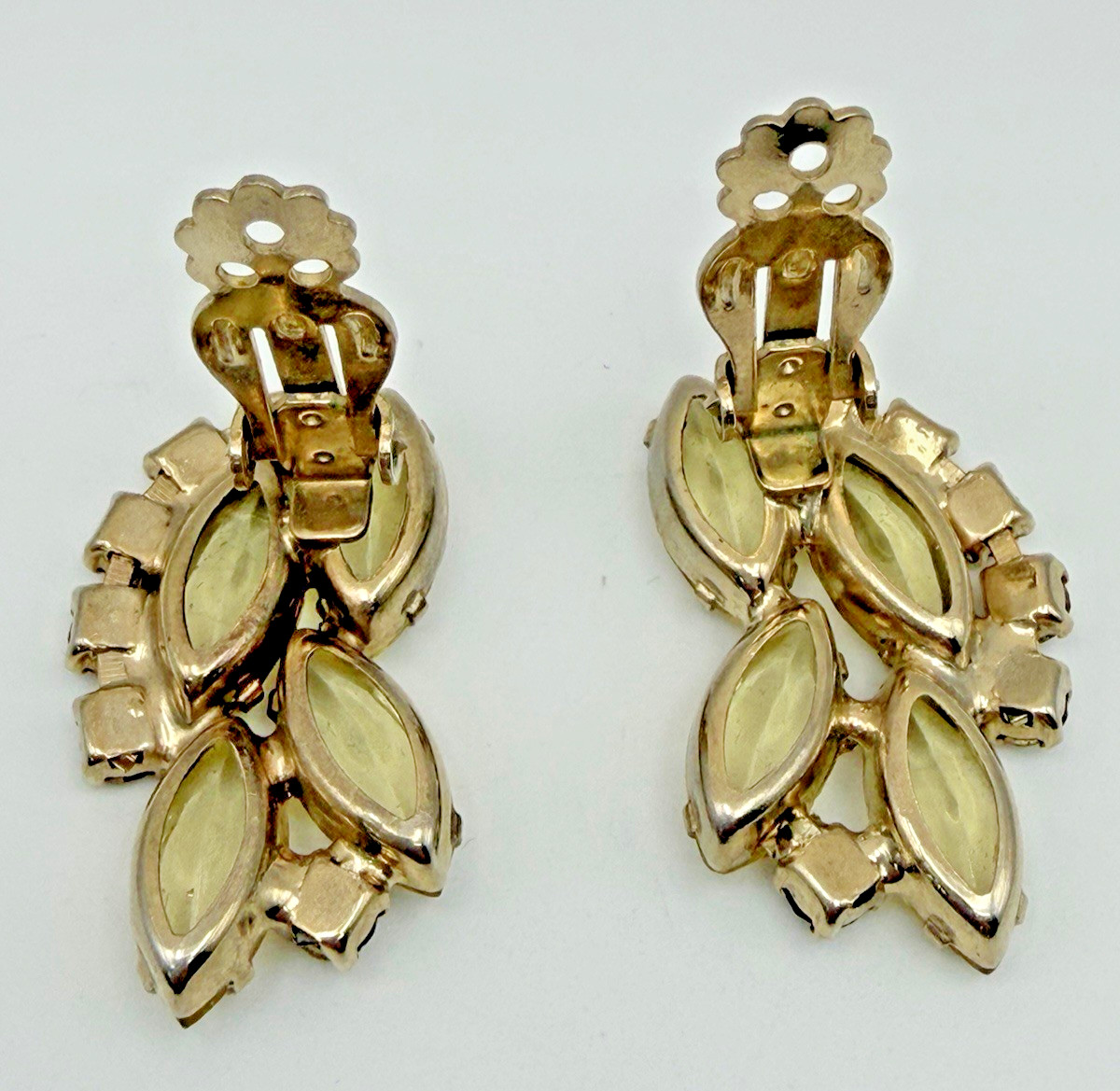 Vintage D&E Juliana Attributed Yellow Navette Topaz Rhinestone Clip Earrings