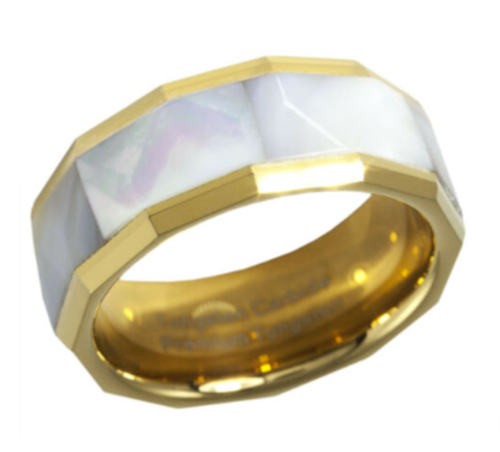 8MM Gold IP Tungsten Ring White Mother of Pearl Iridescent Inlay Sz 7 – 15 +1/2