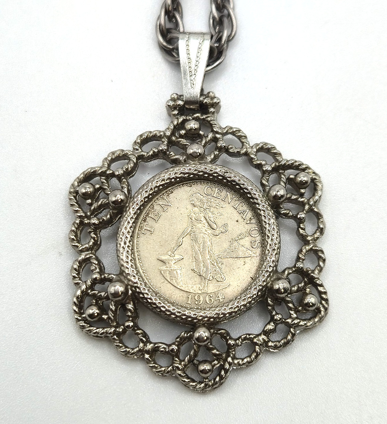 Vintage 1964 Philippines 10 Centavos Coin in Frame Necklace