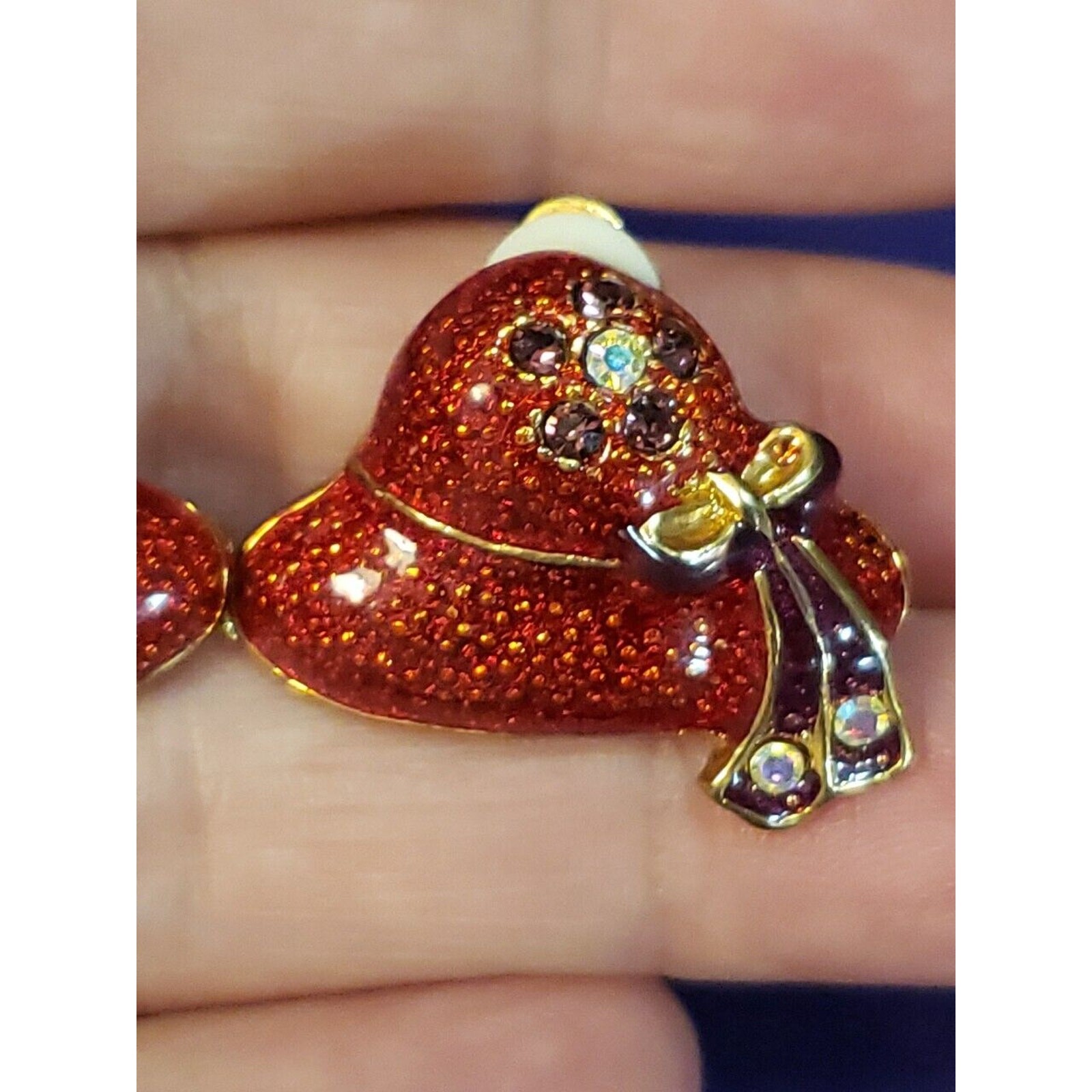 Red Hat Clip On Earrings, Red & Purple Enamel Aurora Borealis Crystals Gold Tone