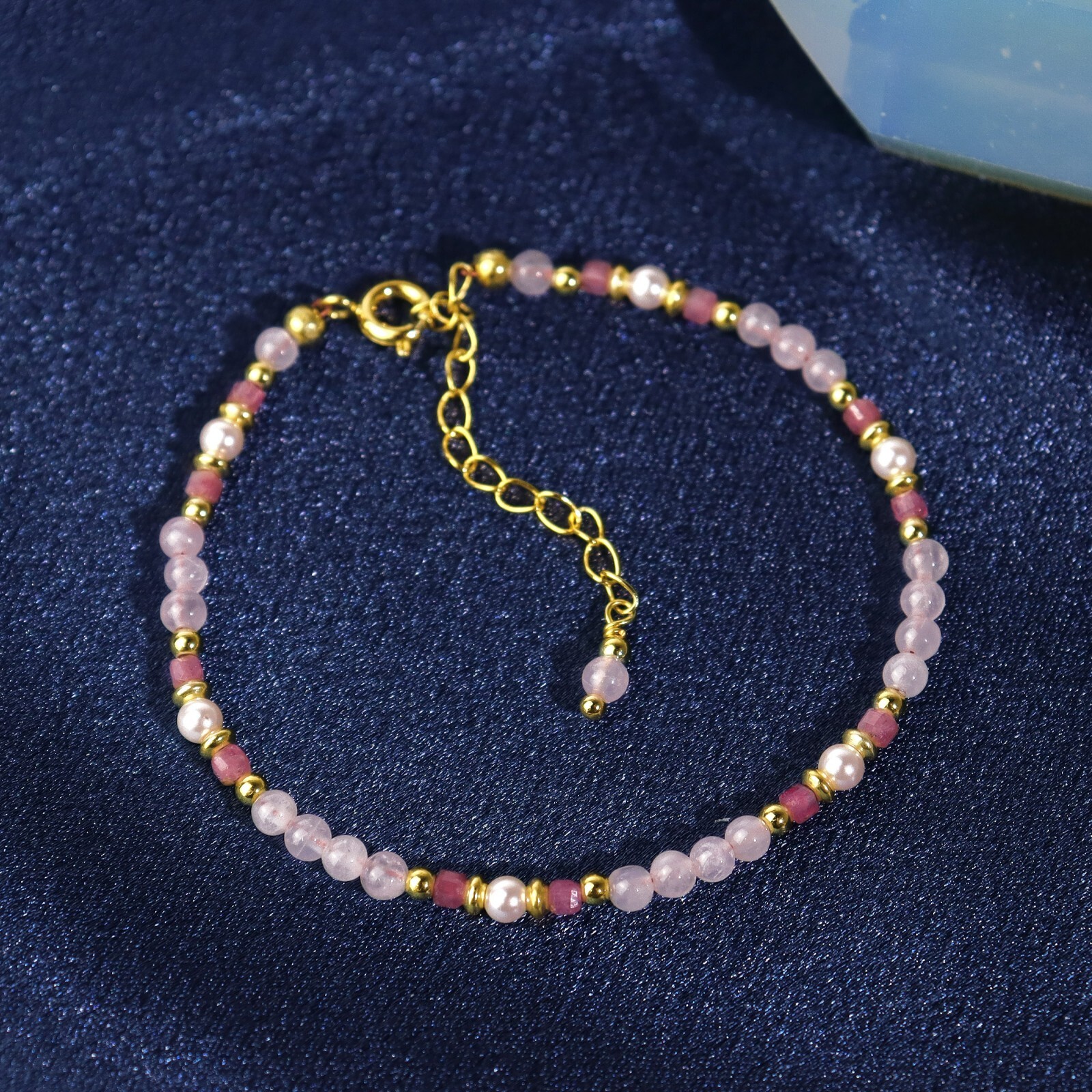 Tourmaline Pearl Rose Quartz Beaded Healing Crystal Women Dainty Bracelet Gift