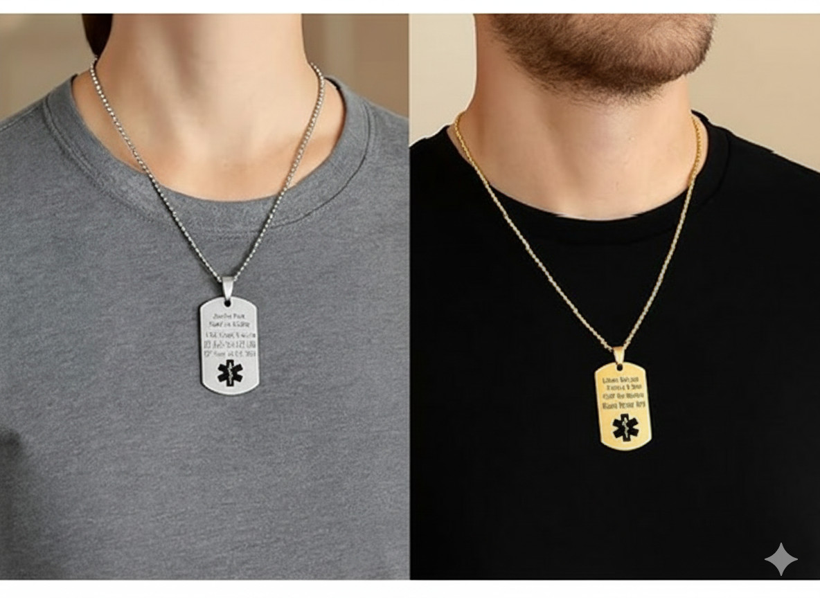 Stainless Steel Medical Alert ID Pendant Necklace Dog Tag Personalized Engraving