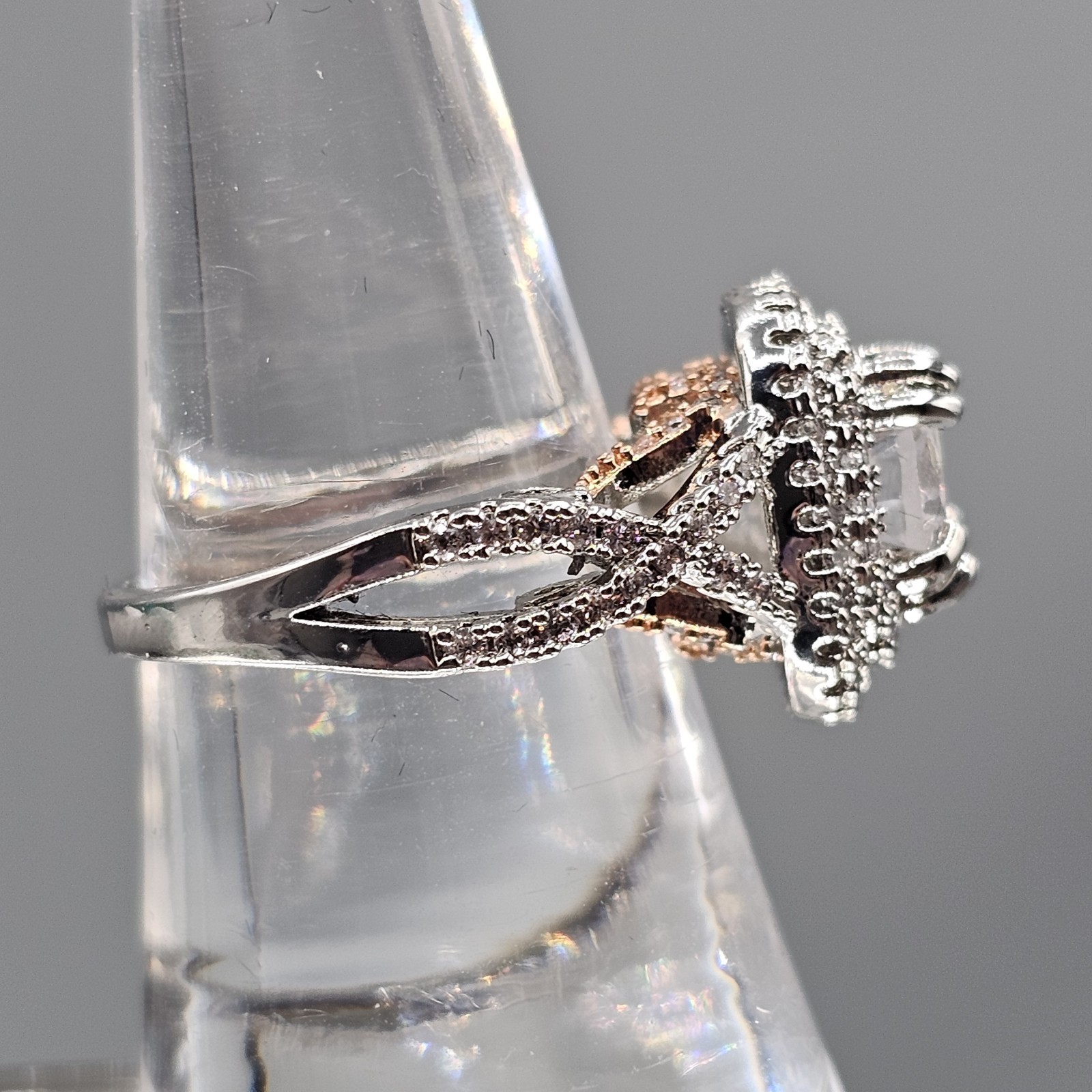 CZ Engagement Cocktail Ring Two Tone Double Halo Open Work Band Size 6.75