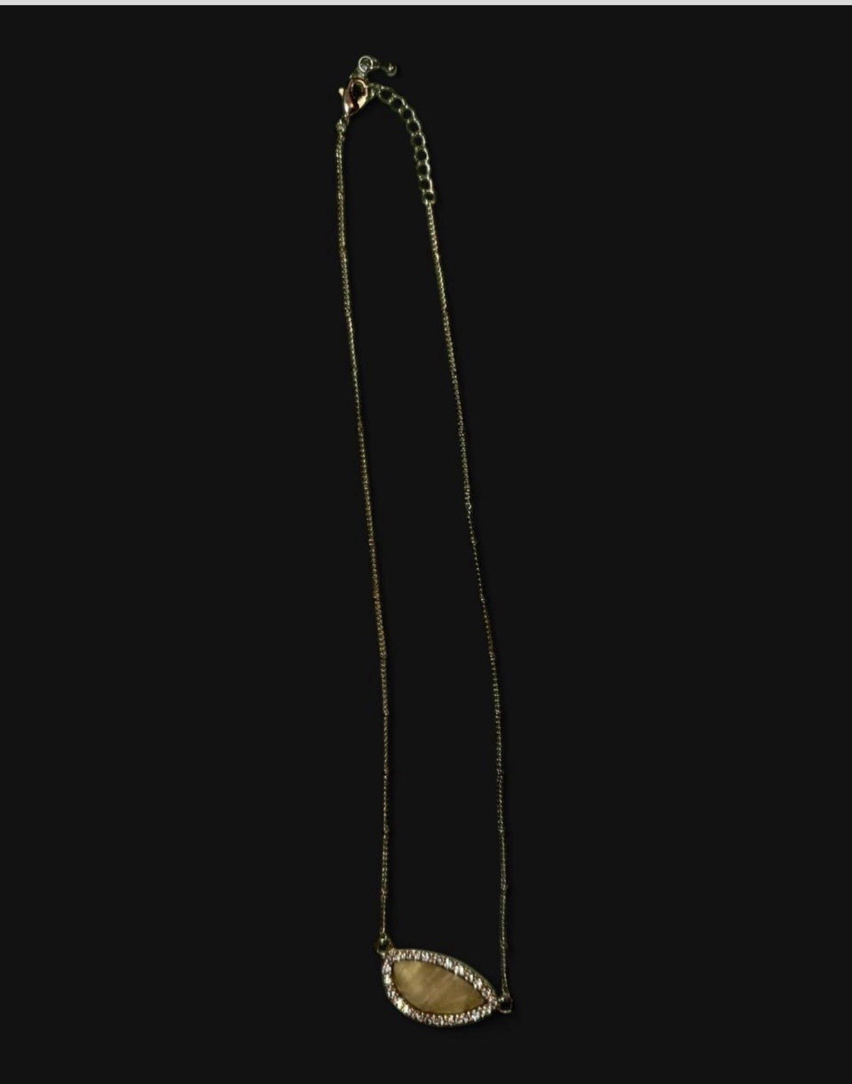 Gold Tone Marquise Pendant Necklace Beige Stone Rhinestone Pavé Halo, Lobster