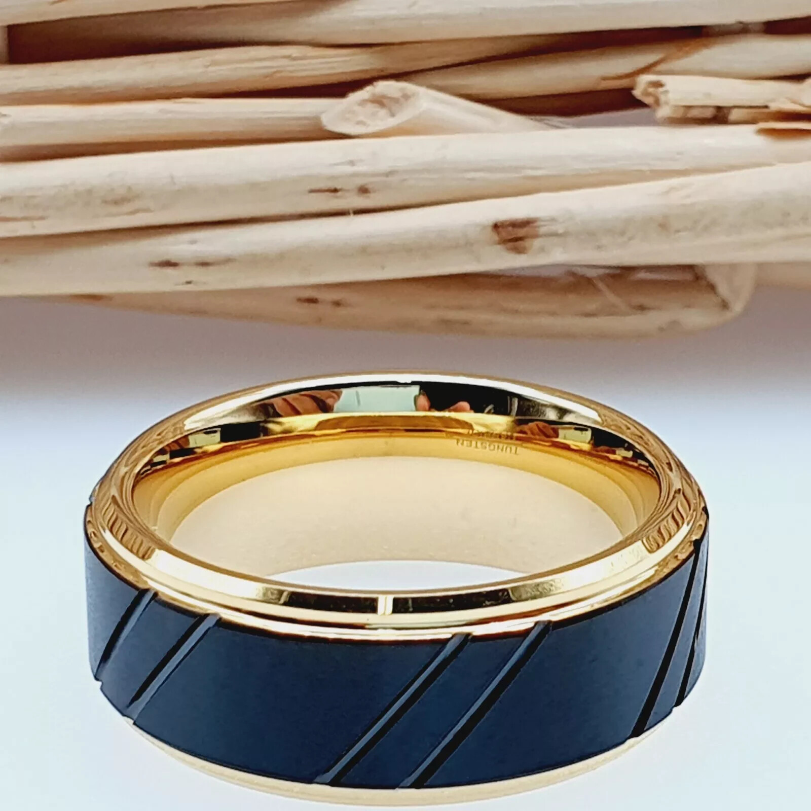 Men’s Yellow Gold Tungsten Wedding Band Engraved Anniversary Promise Ring