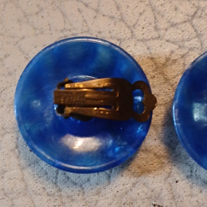 VINTAGE Clip On Earrings Signed Western Germany Round Blue Lucite Molded
