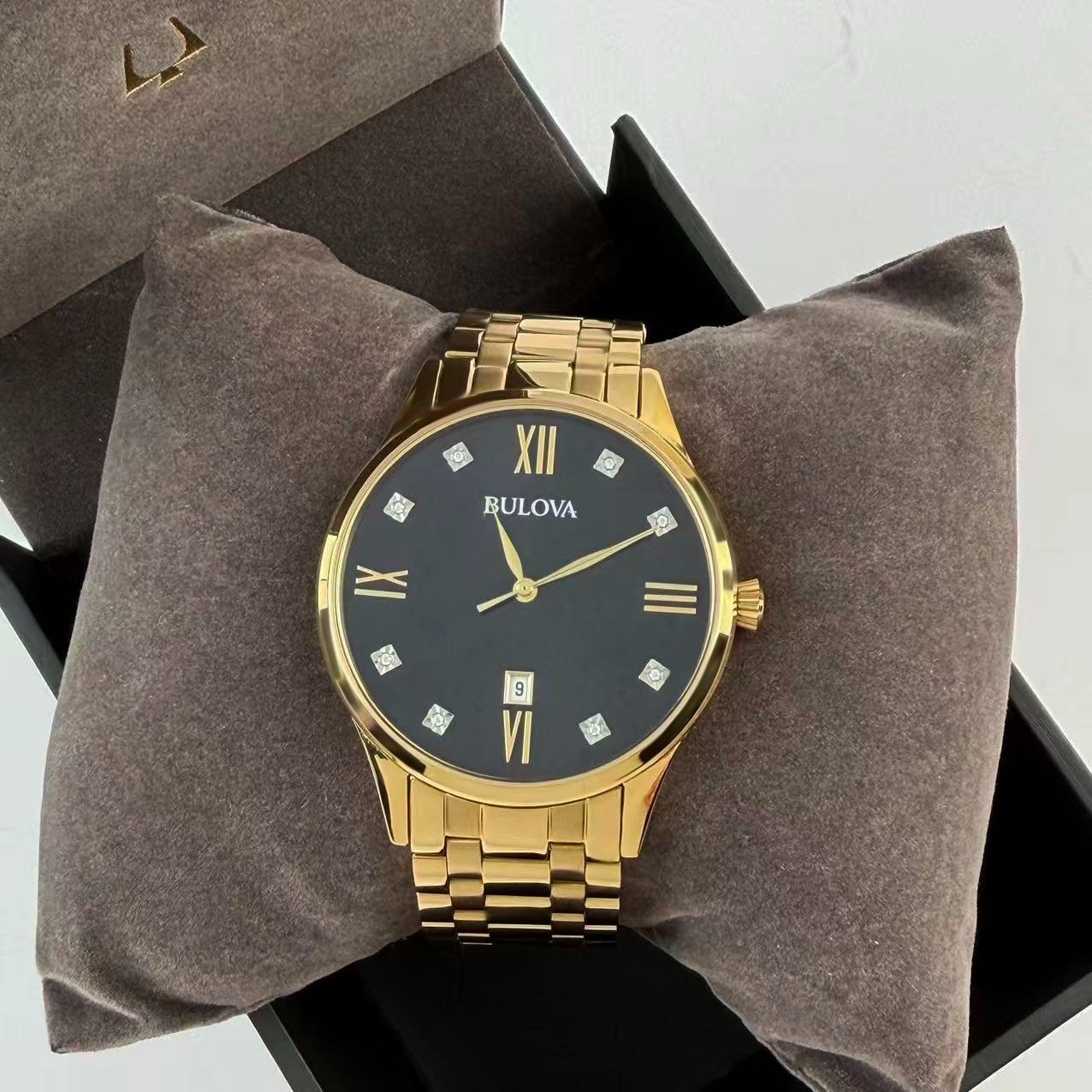 Bulova Classic Diamond Black Dial Stainless Steel Men’s Quartz Watch 97D108 40mm