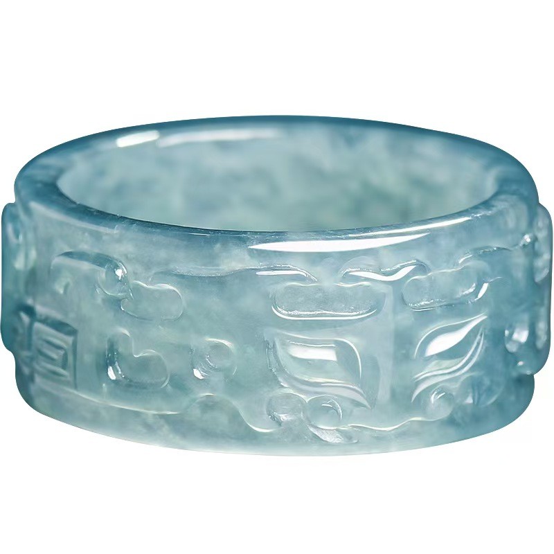 Real Grade A Blue Jade Jadeite Band Men Women Lucky Dragon Pixiu Ring ID:17-23mm