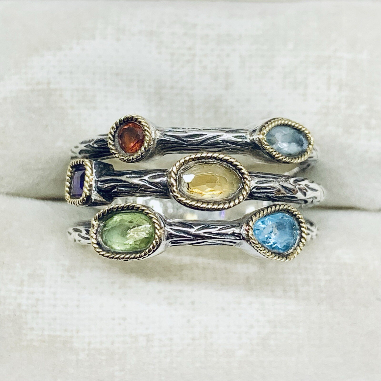 Effy BH 925 Silver + 18k Gold Gemstones Cocktail Split 2 Tone Ring Band Size 7.5