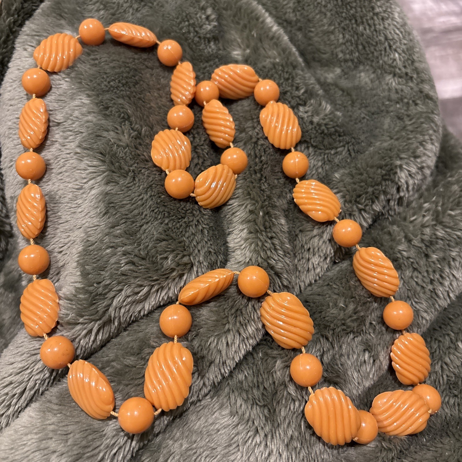 Butterscotch Bead Necklace Early Plastic Molded Wave Texture Single Strand 30″