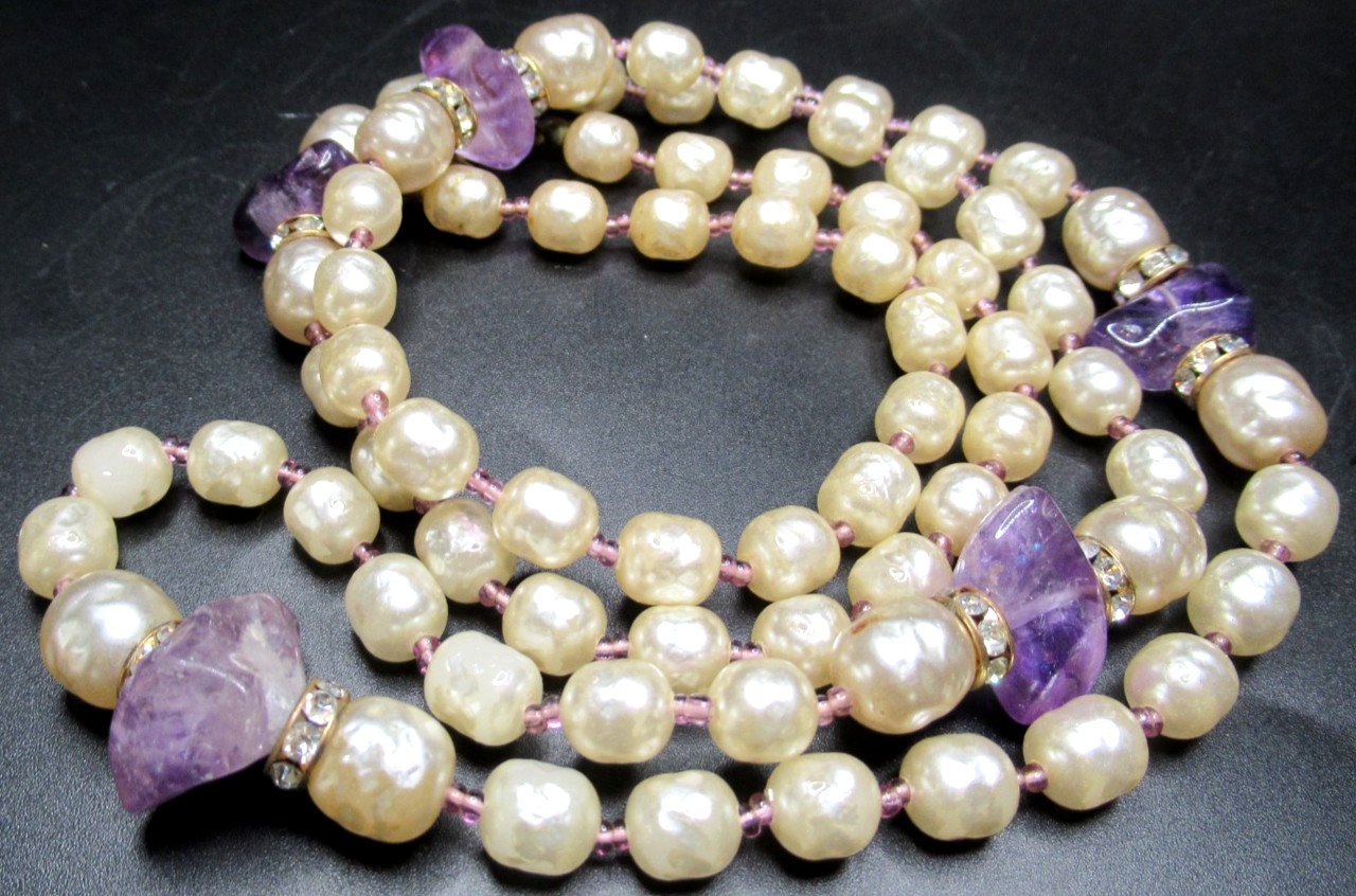 MIRIAM HASKELL Baroque Style Pearl Genuine Amethyst Sautoir Vintage Necklace