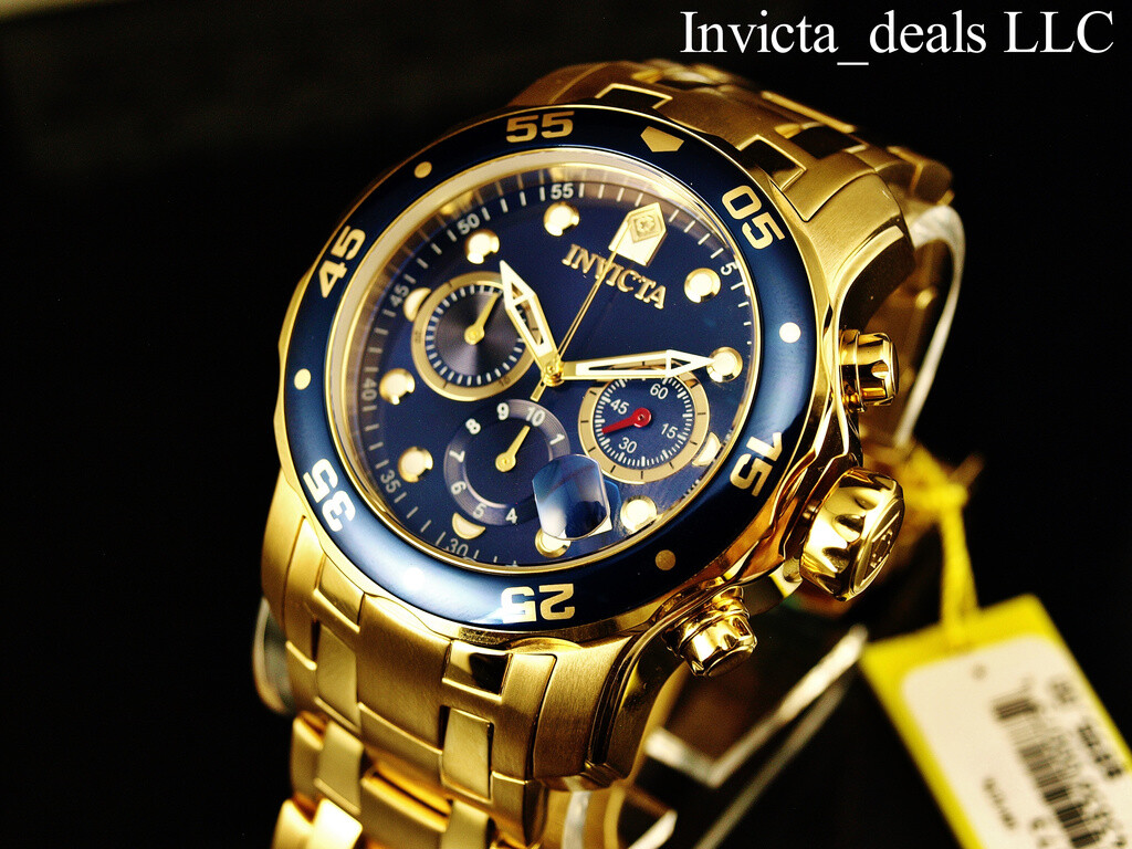 Invicta Men’s 48mm Pro Diver SCUBA Chronograph Blue Dial 18K Gold Plated SS Watc