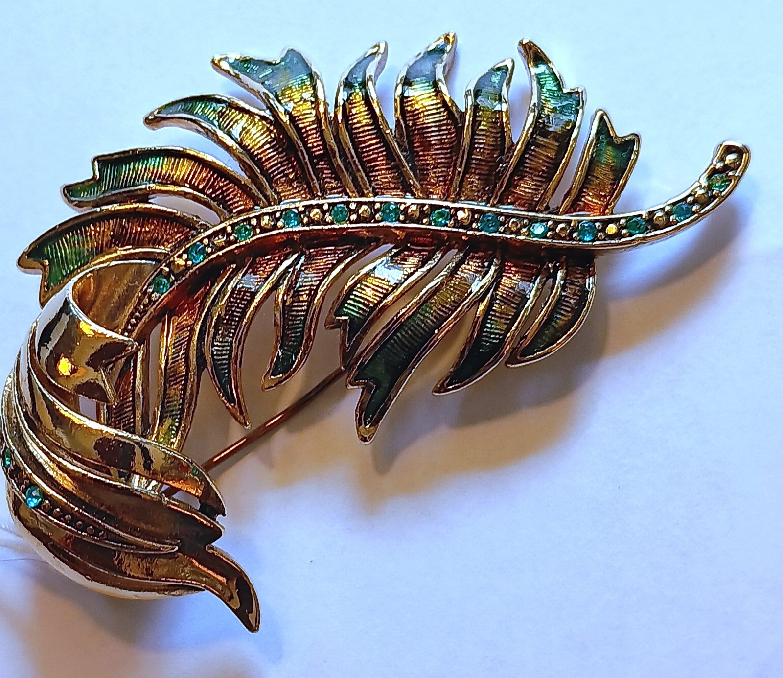 Vintage Signed Monet Gold-Tone Feather Brooch w/Blue Rhinestones, Teal/Brown