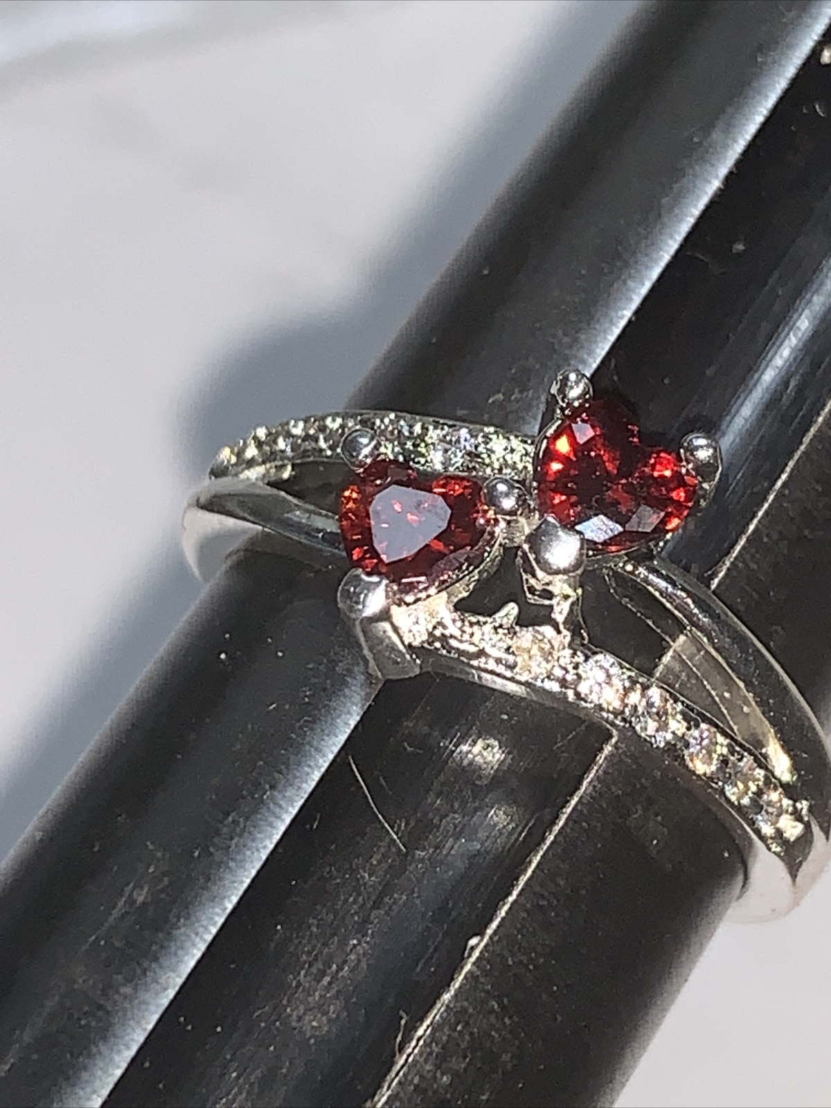 STERLING SILVER 925 Double HEART Lab CREATED Ruby SOLITAIRE RING SIZE: 7 (6-3/4