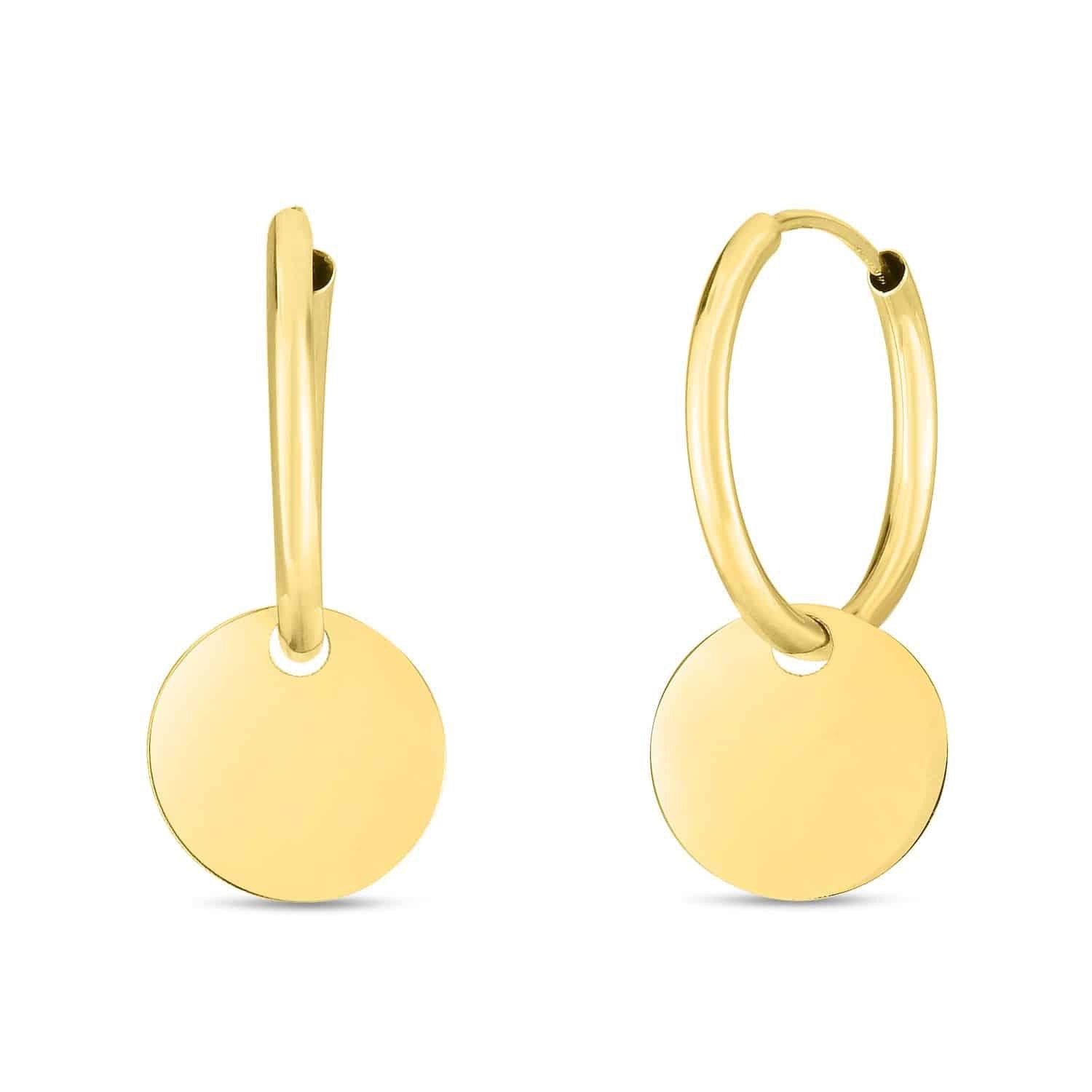 14K Yellow Gold Drop Dangle Circle Disc Endless Hoop Earrings