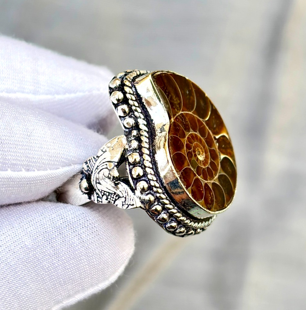 Natural Ammonite Gemstone Handmade 925 Sterling Silver Ethnic Jewelry Ring