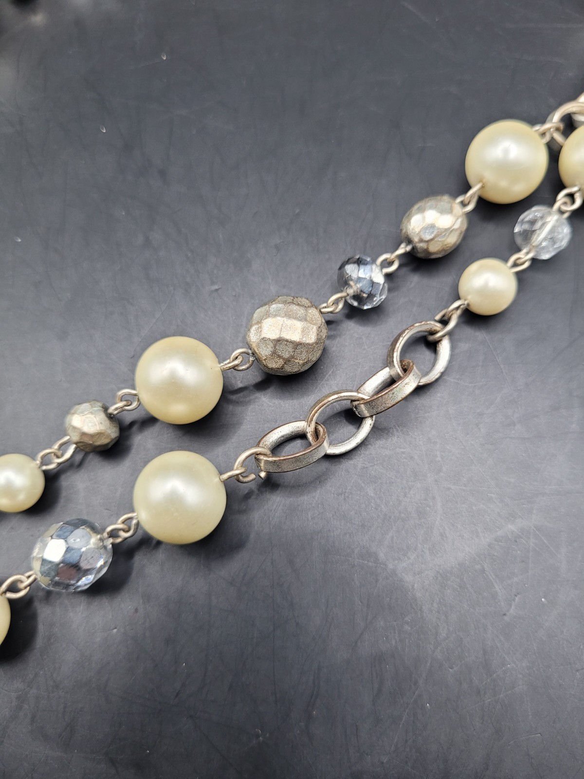 White House Black Market Layered Faux Pearl Bead Necklace Silver Tone