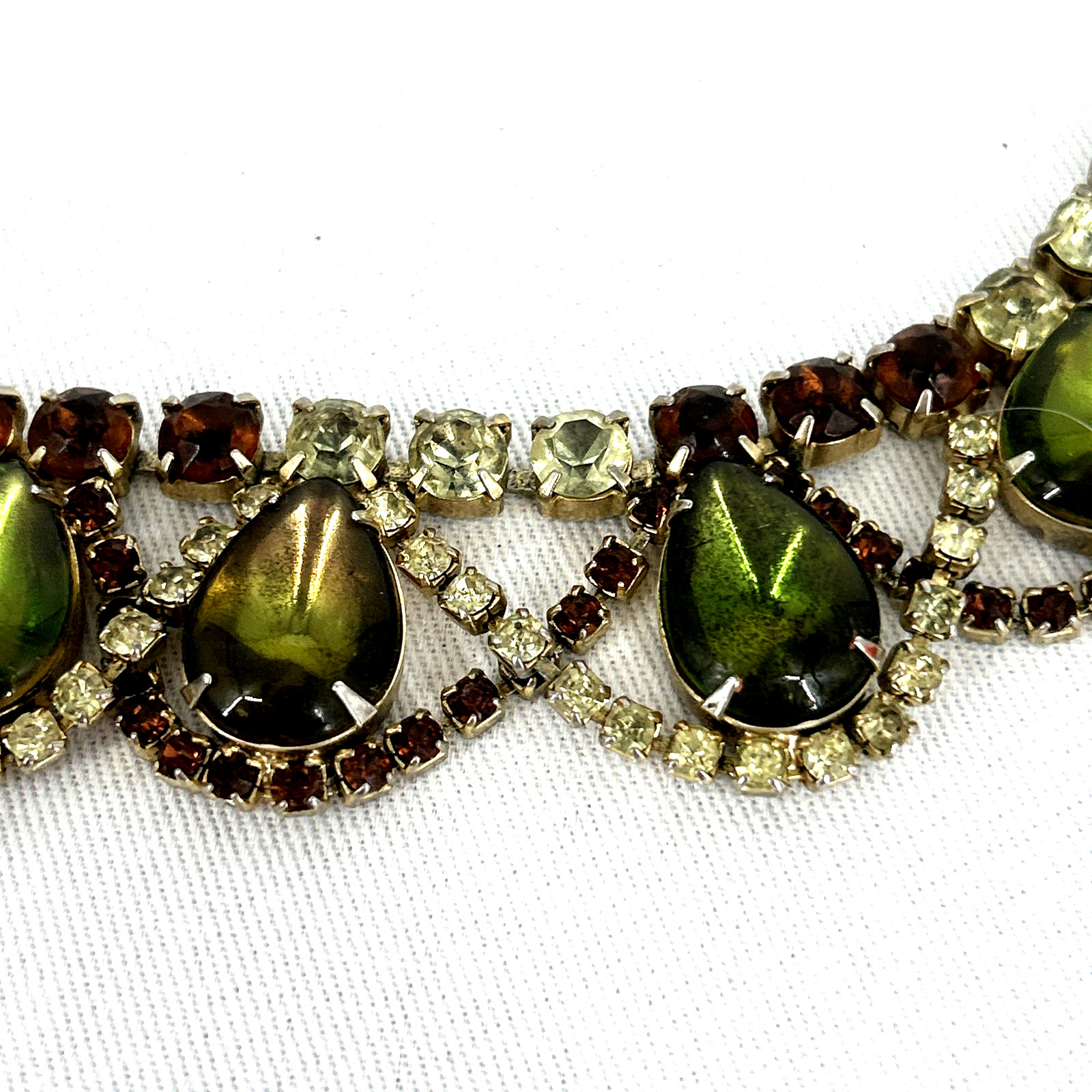 Statement Necklace Rhinestone Jelly Belly Glass Stones Green Brown Clear Unsigne