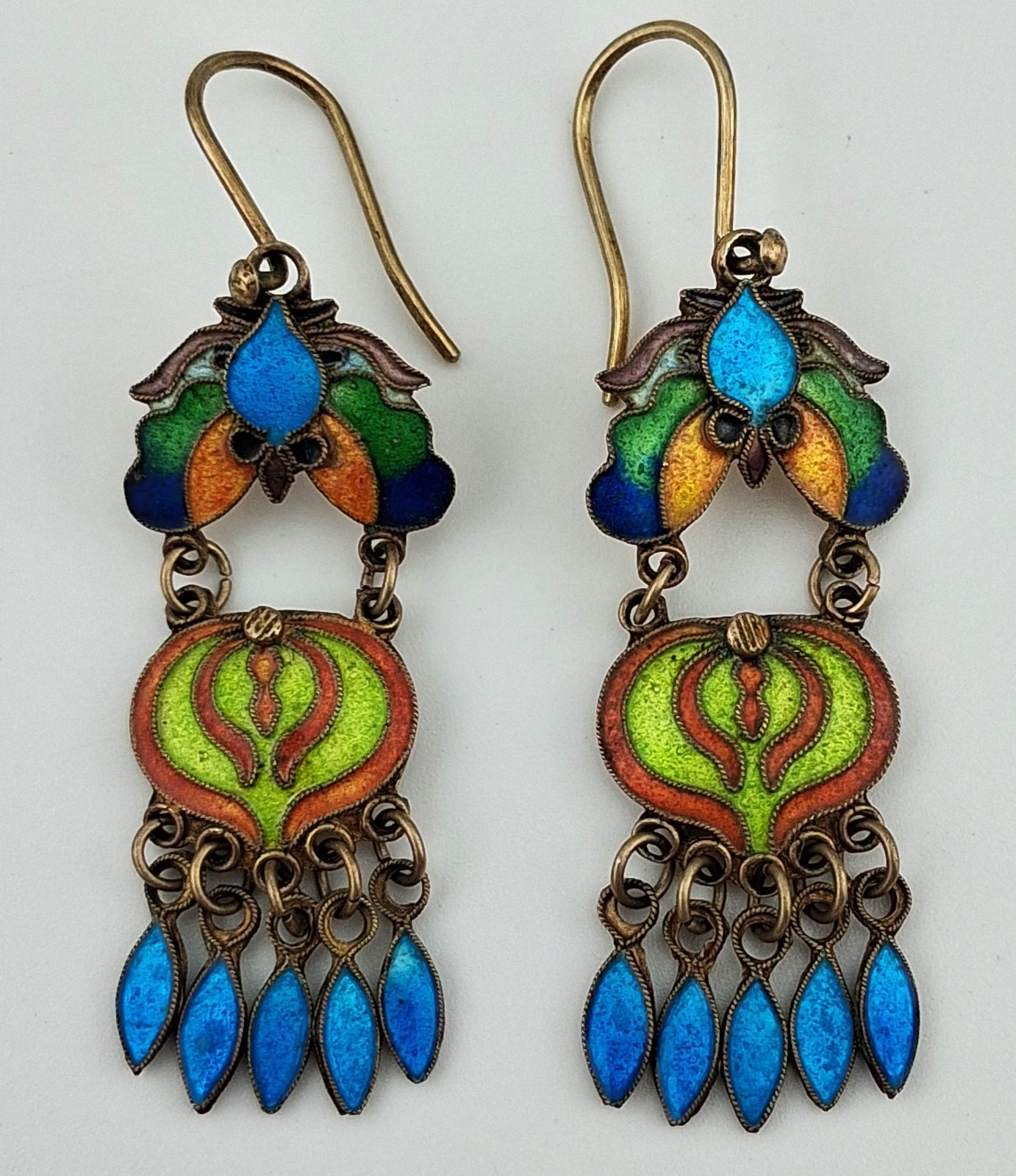Fabulous! Pair Vintage Sterling Silver Gilt Enameled Chinese Export Earrings