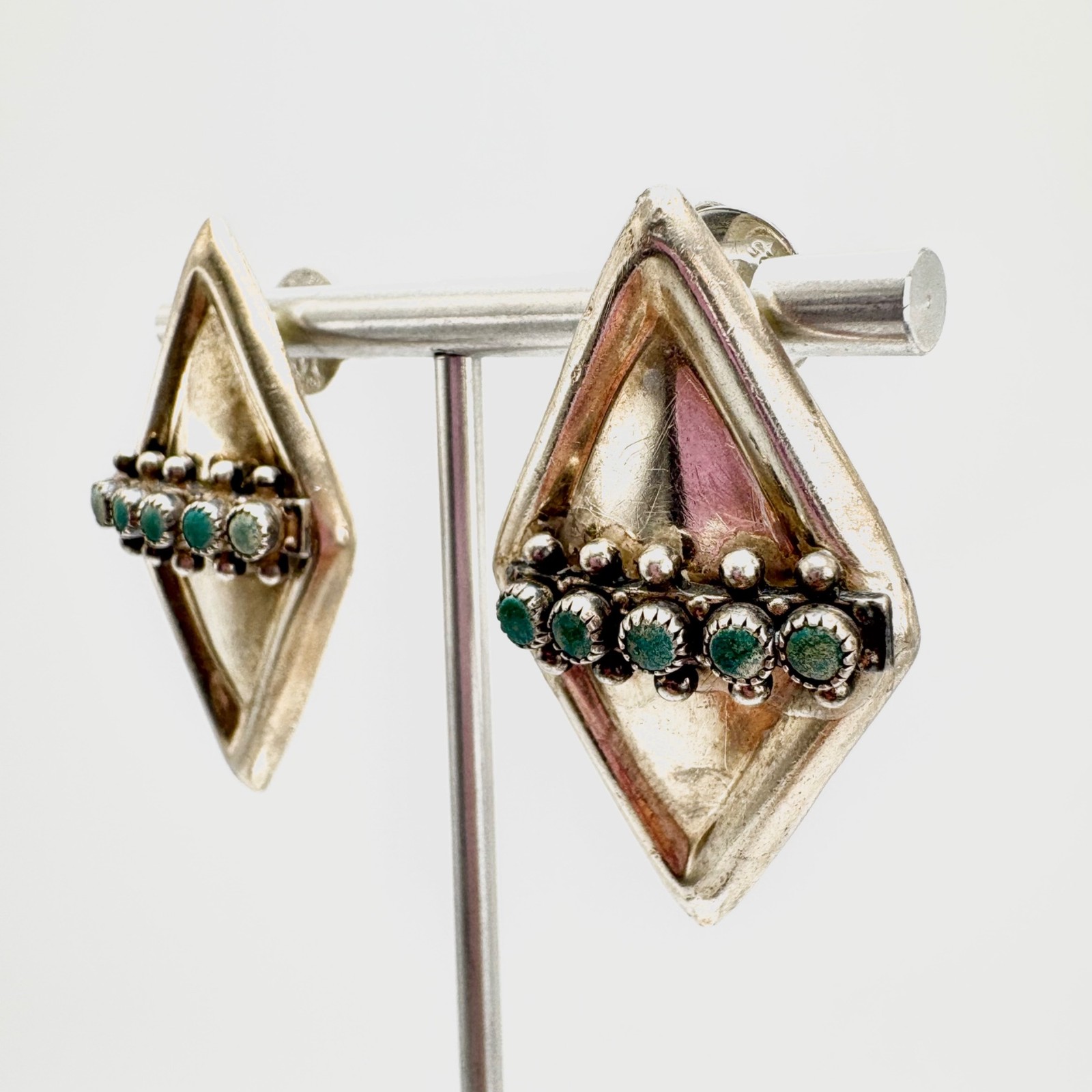 Turquoise Kite Diamond Shape Earrings Sterling Silver 925 Puffed 1.3″ L