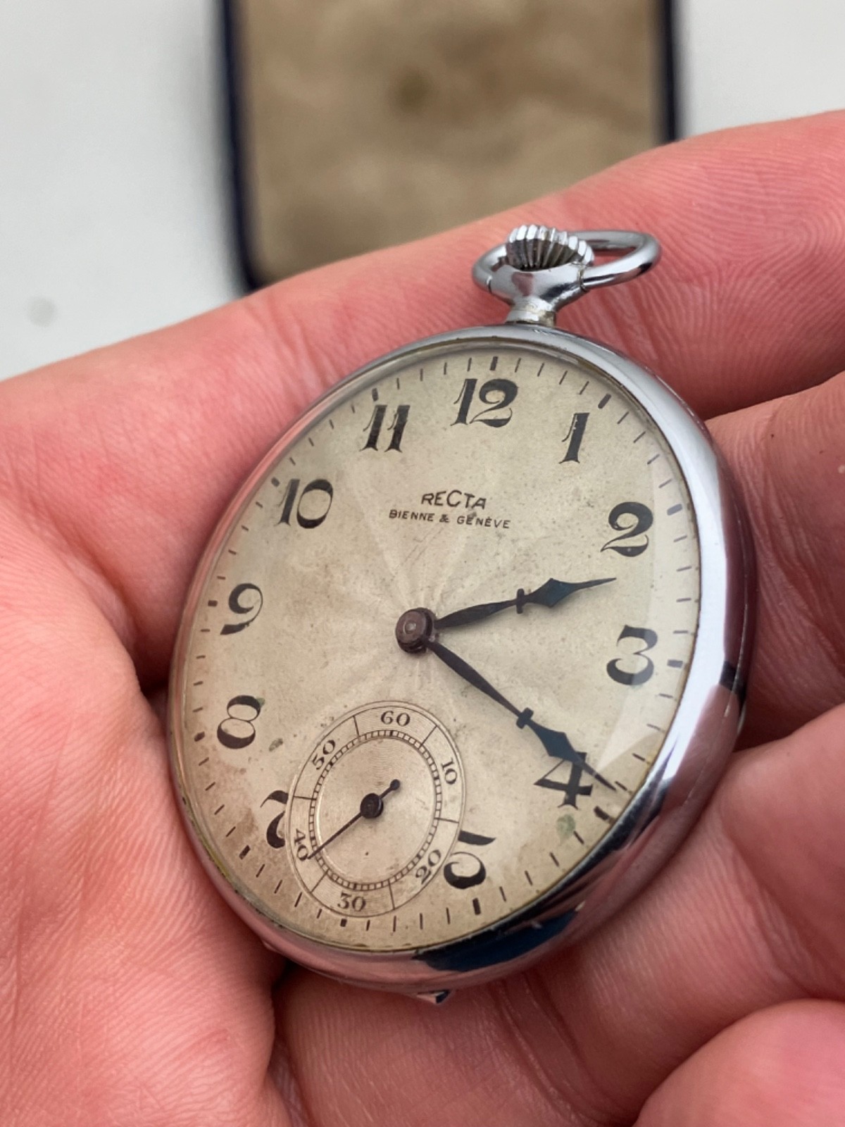 Recta Bienne &Geneve Vintage Pocket Watch BLUE JEWELS ! RARE! Works 23 Hours!