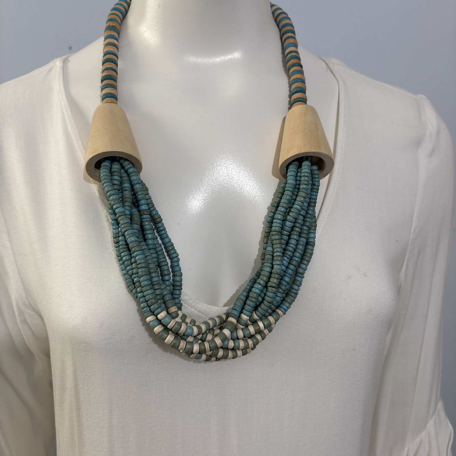 Vintage Exotic Boho Tribal Blue Beige Wood Beads Statement Necklace 26”